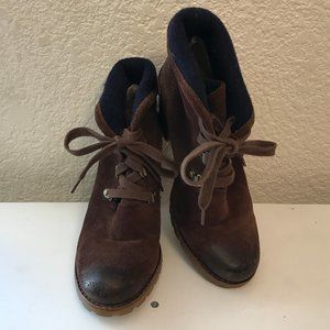 GUC UGG Women Brown Suede Platform Lace up Heeled Ankle Boots 6.5